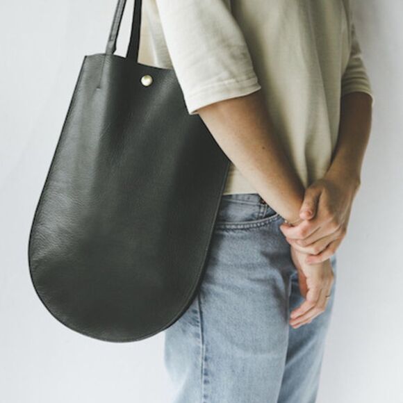 MINOR HISTORY Anthropologie Half Moon Tote Black Leather Semi Circle - Picture 2 of 10